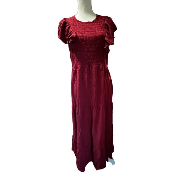 Shirt Ruffled Sleeve Romantic Maxi Burgundy Dress Ruched  Chest and Open Back - Picture 3 of 7